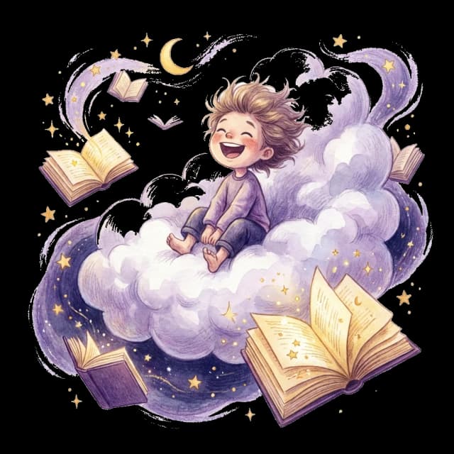 A child sitting on a cloud surrounded by floating storybooks and stars